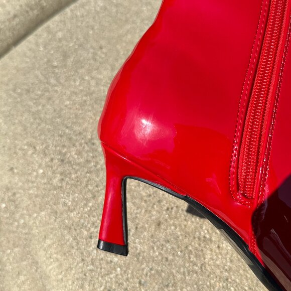 New True Red Pointed Toe Kitten Low Heel Ankle Boots Booties Faux Patent Leather - Picture 7 of 7